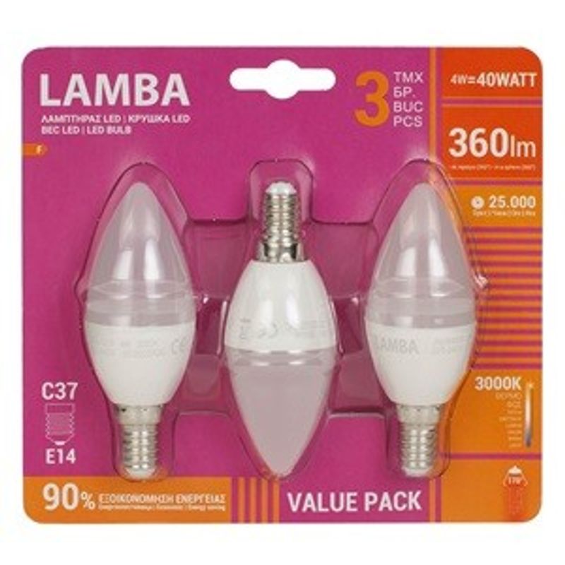 Casa si Gradina - Corpuri si surse de iluminat - Becuri si tuburi neon - Becuri - Set 3 becuri LED E14, 4W, C37, Alb Cald, 360 Lumeni - Infinity.ro