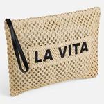 Fashion, accesorii si bijuterii - Femei - Lenjerie si pijamale femei - Imbracaminte de plaja femei - Portofel din paie impletite, 31x24cm, Bej natural cu broderie neagra - Infinity.ro