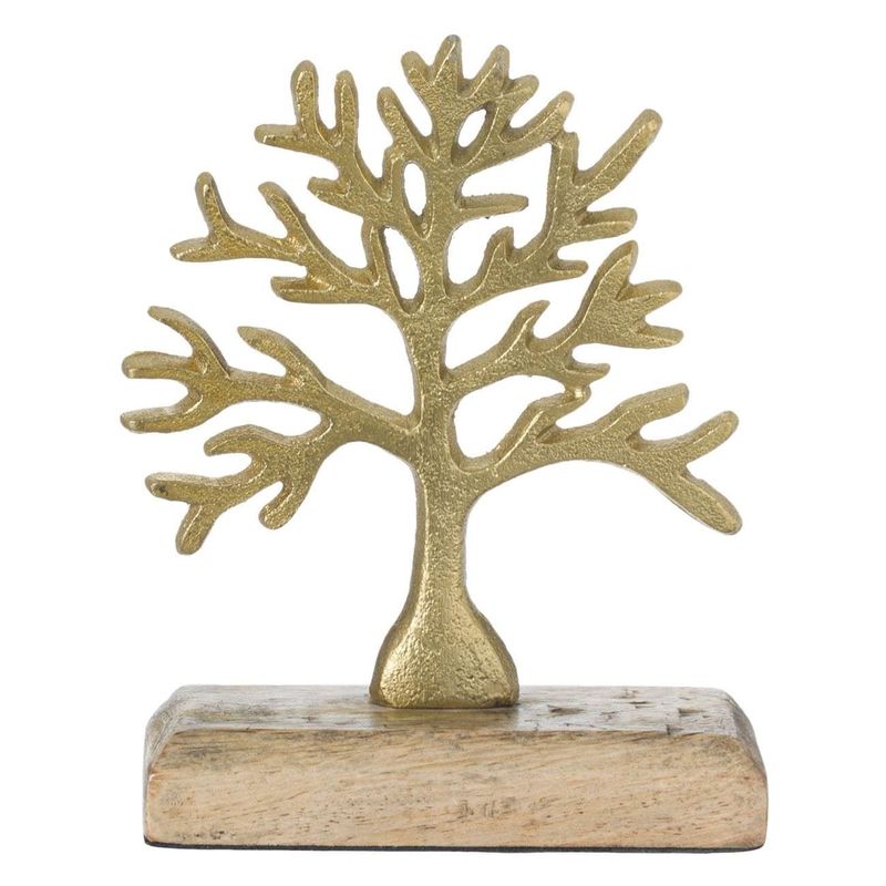 Casa si Gradina - Decoratiuni - Obiecte decorative - Accesorii decorative - Decoratiune Masa, Pomul Vietii, Auriu Metalic, Baza Lemn, 15cm - Infinity.ro