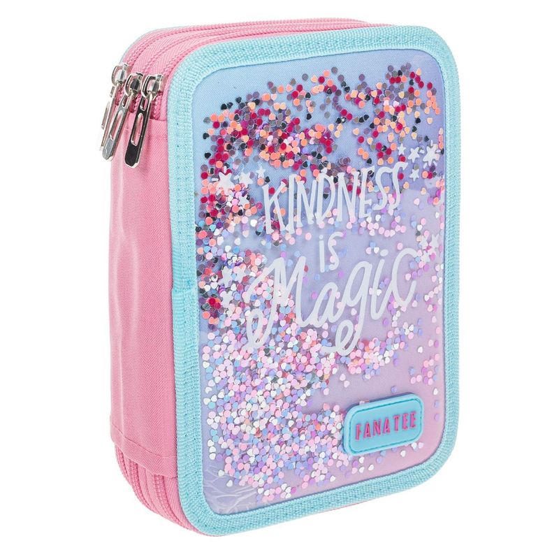 Carti si Birotica - Rechizite - Penare - Penar Echipat Triplu Roz cu Confeti, 15x6x21cm, Set Complet de Accesorii Scolare - Infinity.ro