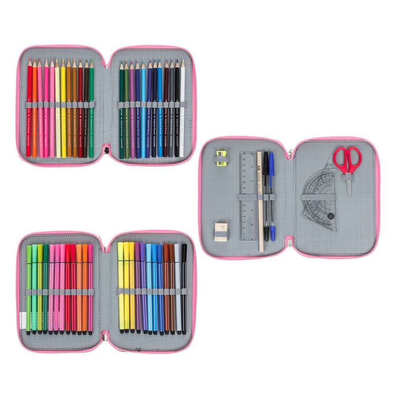 Carti si Birotica - Rechizite - Penare - Penar Echipat Triplu Roz cu Confeti, 15x6x21cm, Set Complet de Accesorii Scolare - Infinity.ro