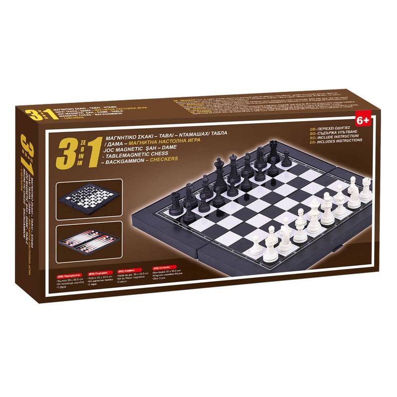 Sport si Outdoor - Alte sporturi - Sah si table - Joc de Societate de Voiaj Magnetic 3 in 1 Sah Dama Table 35x35.5cm - Infinity.ro