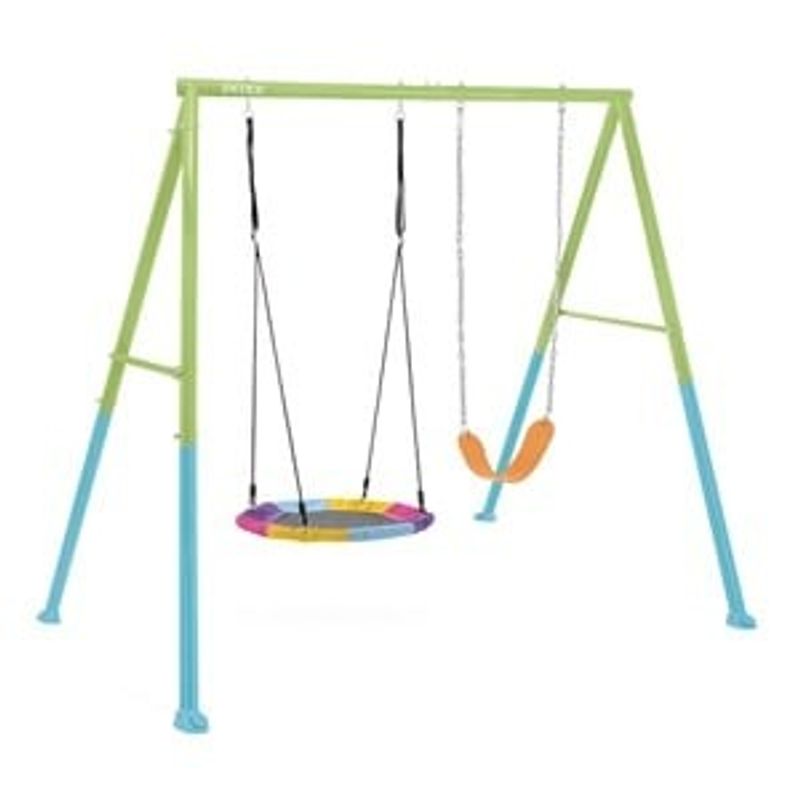 Jucarii, Copii si Bebe - Jucarii si jocuri - Jucarii de exterior - Leagane copii - Leagan dublu cu leagan cuib si leagan clasic, 2.54x2.35x2m, verde - Infinity.ro