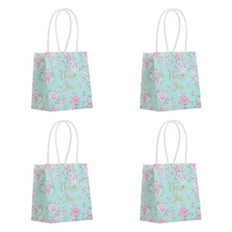 Carti si Birotica - Birotica - Articole ambalare - Set 4 Pungi Cadou din Hartie Kraft Verde Menta cu Model Floral si Manere Albe, 10x7x11cm - Infinity.ro