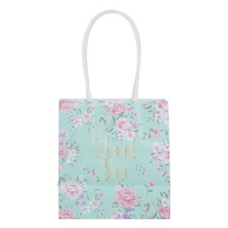 Carti si Birotica - Birotica - Articole ambalare - Set 4 Pungi Cadou din Hartie Kraft Verde Menta cu Model Floral si Manere Albe, 10x7x11cm - Infinity.ro