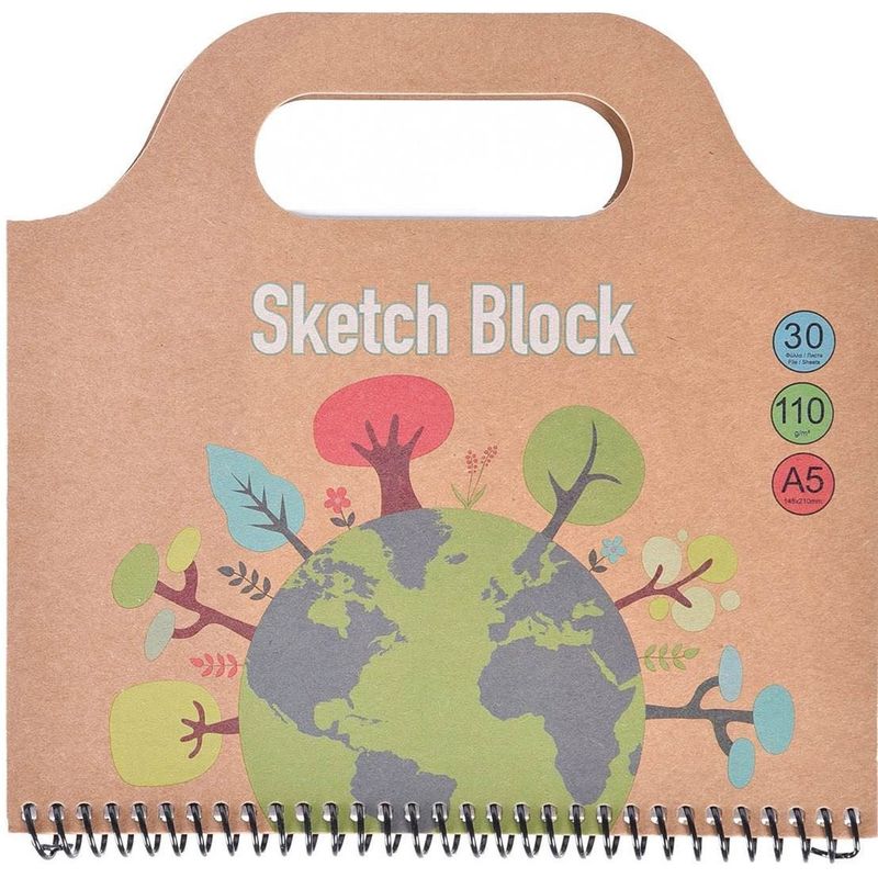 Carti si Birotica - Rechizite - Pictura si desen - Pensule si accesorii pictura - Bloc de Desen cu Spirala A5 cu Maner si Coperta Kraft Planet - 30File - Infinity.ro