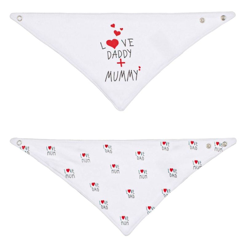 Jucarii, Copii si Bebe - Hrana si alaptare - Biberoane, suzete si accesorii hranire - Articole hranire bebelusi - Bavete din bumbac tip esarfa albe cu imprimeu Love Daddy+Mummy - Infinity.ro
