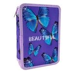 Carti si Birotica - Rechizite - Penare - Penar dublu cu imprimeu fluturi, mov, 14x4x20 cm, echipat complet - Infinity.ro