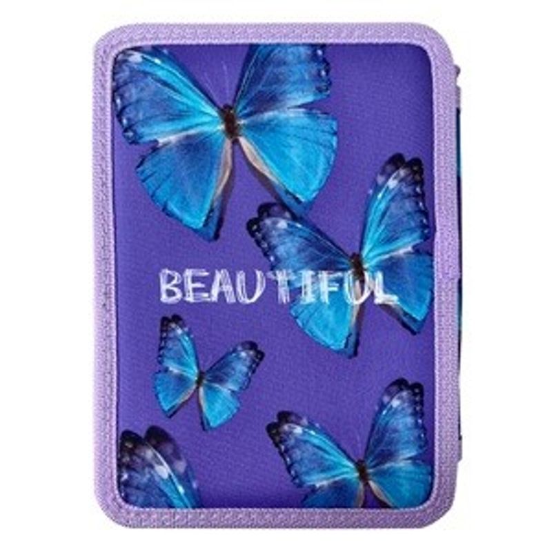 Carti si Birotica - Rechizite - Penare - Penar dublu cu imprimeu fluturi, mov, 14x4x20 cm, echipat complet - Infinity.ro