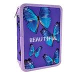 Carti si Birotica - Rechizite - Penare - Penar dublu cu imprimeu fluturi, mov, 14x4x20 cm, echipat complet - Infinity.ro