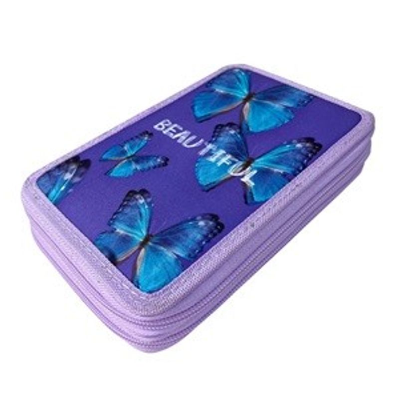 Carti si Birotica - Rechizite - Penare - Penar dublu cu imprimeu fluturi, mov, 14x4x20 cm, echipat complet - Infinity.ro