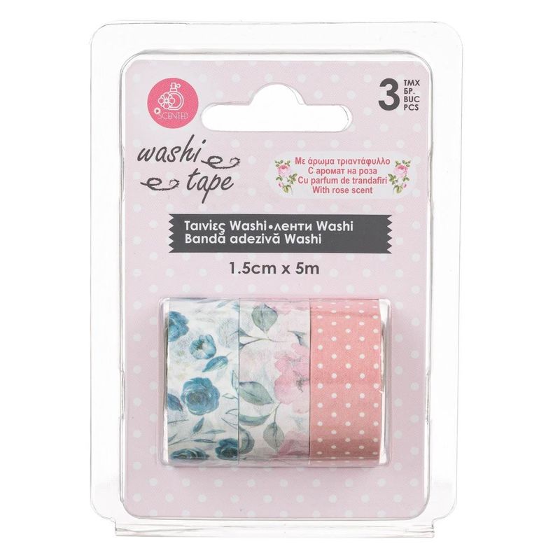Carti si Birotica - Birotica - Accesorii de birou - Benzi adezive - Banda  Washi Tape cu Aroma de Trandafir Buline Roz Flori  5m x 1.5cm - 3buc - Infinity.ro