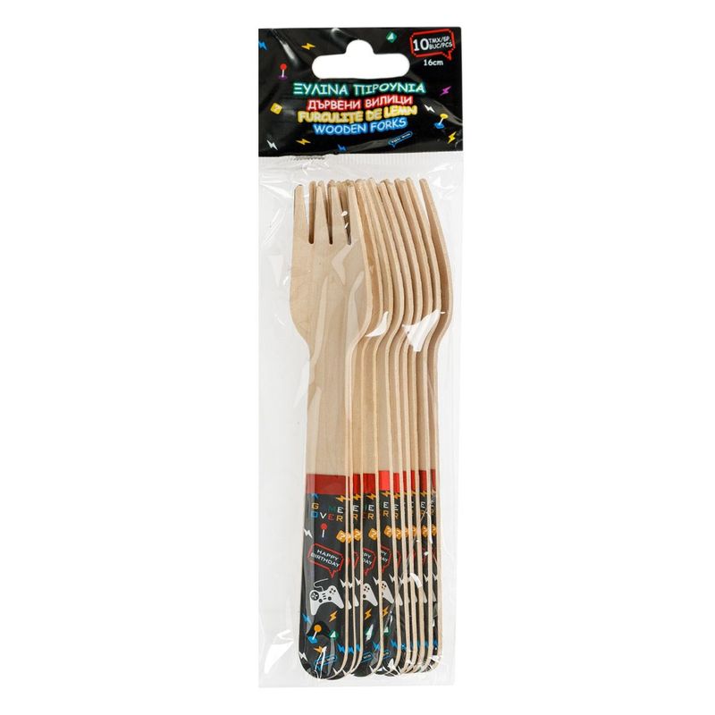 Casa si Gradina - Decoratiuni - Decoratiuni petrecere - Accesorii pentru petrecere - Furculite din Lemn pentru Petrecere cu Imprimeu Game, 16 cm, 10 buc - Infinity.ro