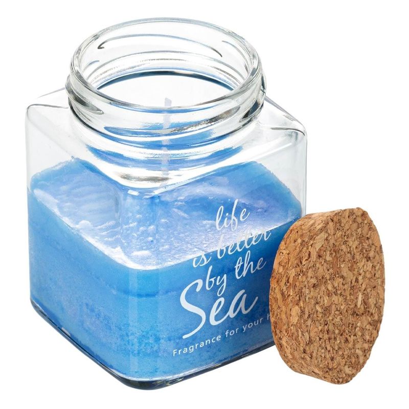 Casa si Gradina - Decoratiuni - Aromaterapie si lumanari - Lumanari si candele - Lumanare parfumata albastra in borcan de sticla cu capac din pluta, 6x6x9.5 cm - Infinity.ro