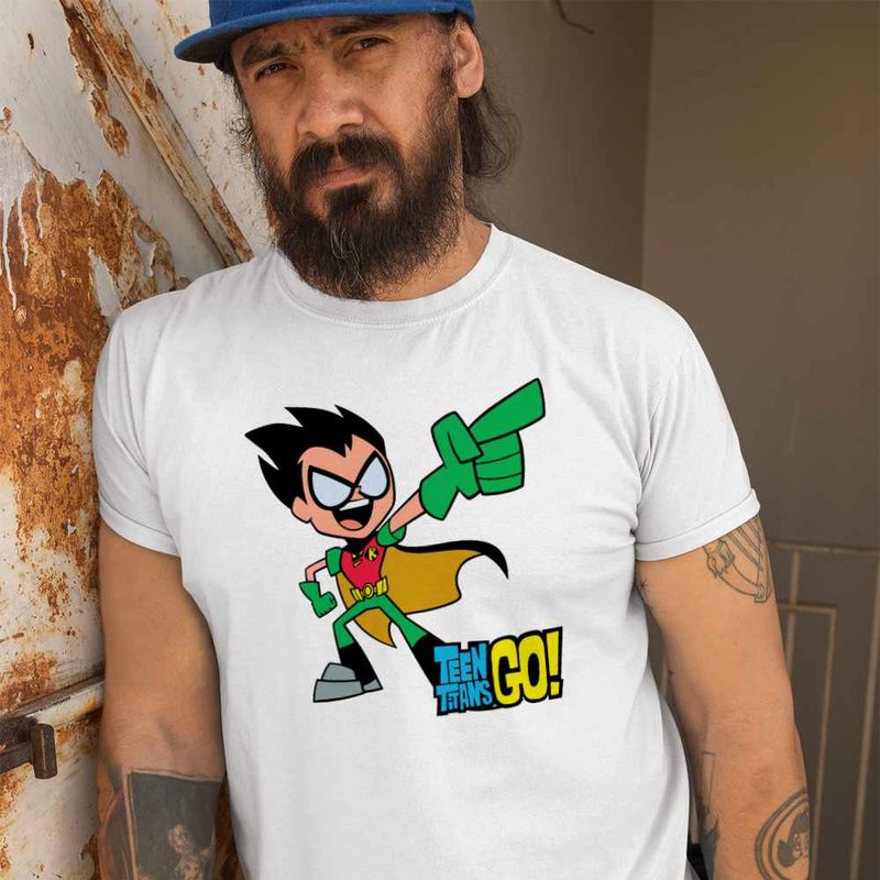 Fashion, accesorii si bijuterii - Barbati - Imbracaminte - Tricouri si bluze barbati - Tricou Barbati Robin Haideti Tineri Titani, alb, marime M - Infinity.ro