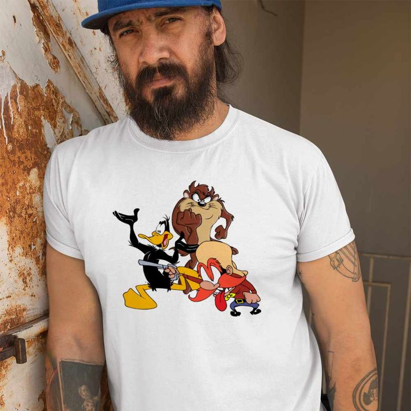 Fashion, accesorii si bijuterii - Barbati - Imbracaminte - Tricouri si bluze barbati - Tricou Barbati Daffy Duck Tasmanian Devil Taz Yosemite Sam, alb, marime 2XL - Infinity.ro