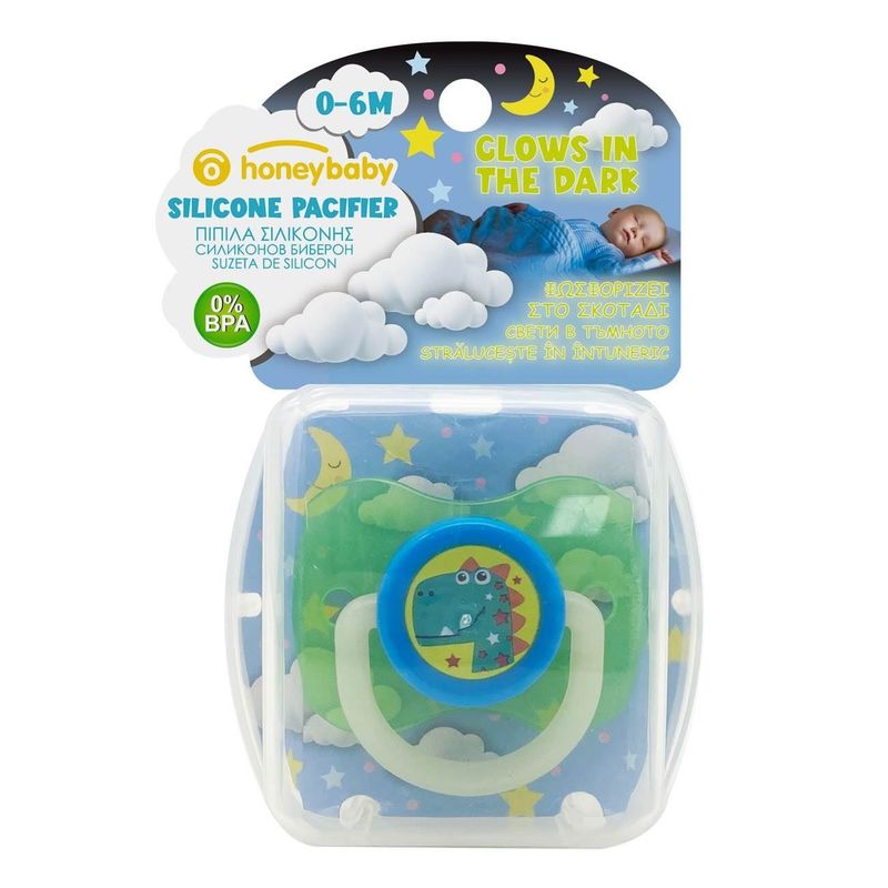 Jucarii, Copii si Bebe - Hrana si alaptare - Biberoane, suzete si accesorii hranire - Suzete si accesorii - Suzeta Silicon Dinozaur Glow in the Dark, 0-6 Luni - Infinity.ro