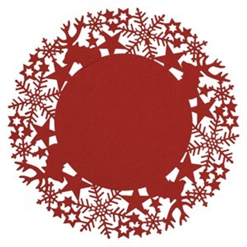 Casa si Gradina - Bucatarie si vesela - Organizare si depozitare bucatarie - Suporturi tacamuri si vase - Suport Farfurie de Craciun Rotund din Fetru Rosu cu Fulgi Reni - Infinity.ro