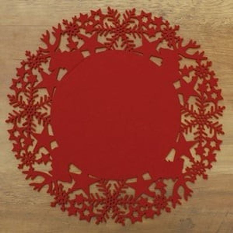 Casa si Gradina - Bucatarie si vesela - Organizare si depozitare bucatarie - Suporturi tacamuri si vase - Suport Farfurie de Craciun Rotund din Fetru Rosu cu Fulgi Reni - Infinity.ro