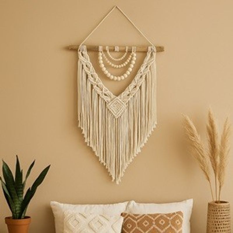 Casa si Gradina - Decoratiuni - DIY - Sabloane decorative pereti - Macrame de Perete Ecru din Bumbac cu Franjuri - Decorare Boho - Infinity.ro