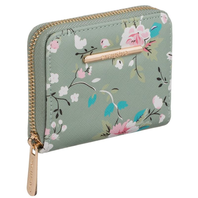Fashion, accesorii si bijuterii - Femei - Accesorii femei - Portofele femei - Portofel Mini Floral Verde Menta cu Detalii Aurii pentru Femei - Infinity.ro