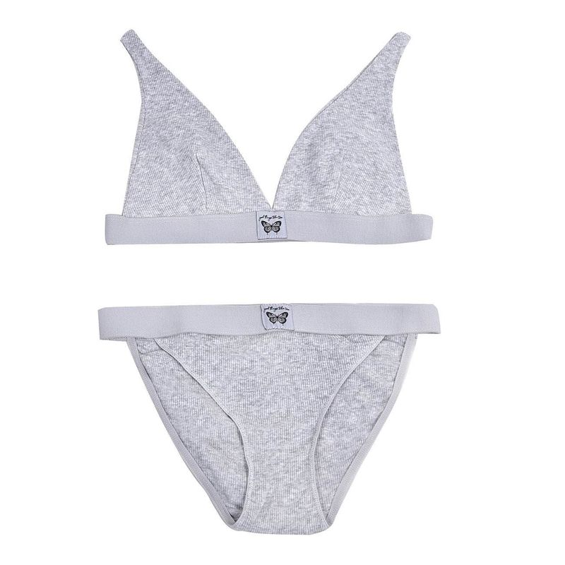 Fashion, accesorii si bijuterii - Femei - Lenjerie si pijamale femei - Pijamale femei - Set Lenjerie Copii, Ribbed, 2 Piese, Culoare Gri, Patch Fluture - Infinity.ro