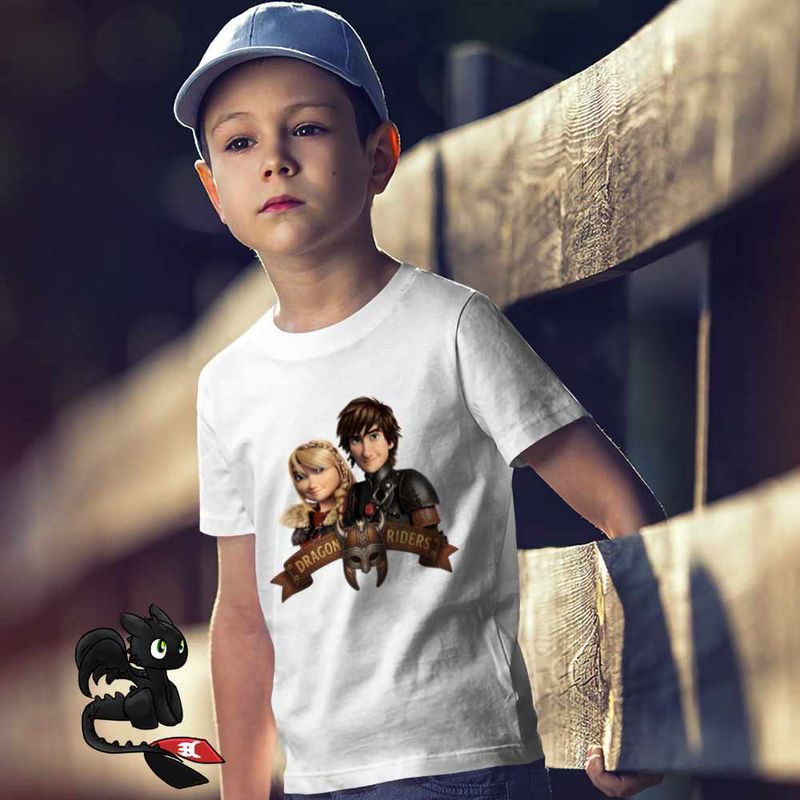 Fashion, accesorii si bijuterii - Copii - Imbracaminte copii - Tricouri copii - Tricou Copii Baieti Dragon Riders Hiccup Astrid How to train your dragon, alb, marime S Copii - Infinity.ro