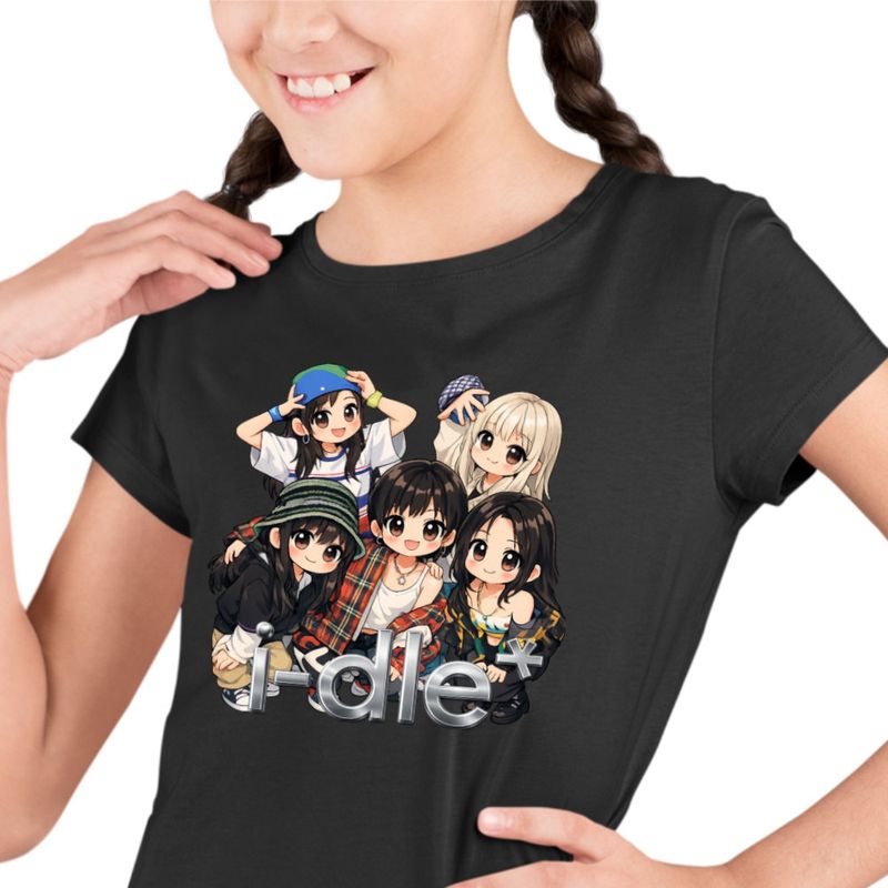 Fashion, accesorii si bijuterii - Copii - Imbracaminte copii - Tricouri copii - Tricou Copii I-dle Kpop Cartoon Idle Merch fete, negru, marime XL Copii - Infinity.ro