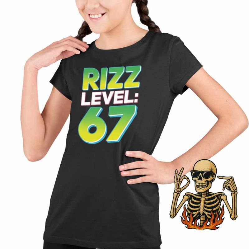Fashion, accesorii si bijuterii - Copii - Imbracaminte copii - Tricouri copii - Tricou Copii Fete Six Seven Rizz Level 67 CoolTrend, negru, marime L Copii - Infinity.ro