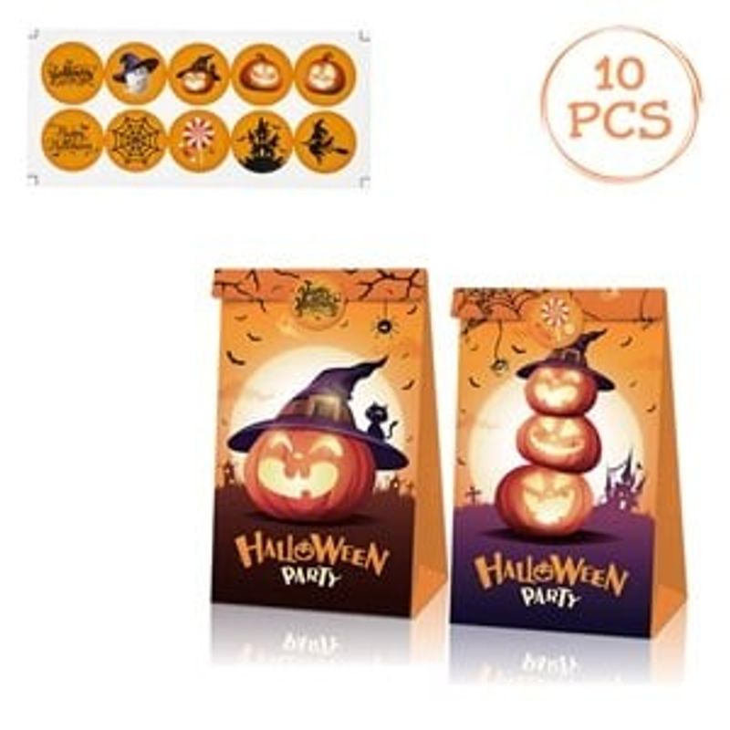 Market - Cadouri - Pungi cadou si accesorii - Pungi de Halloween pentru Dulciuri cu Autocolante, 10 buc, 12x8x23 cm, Portocaliu - Infinity.ro