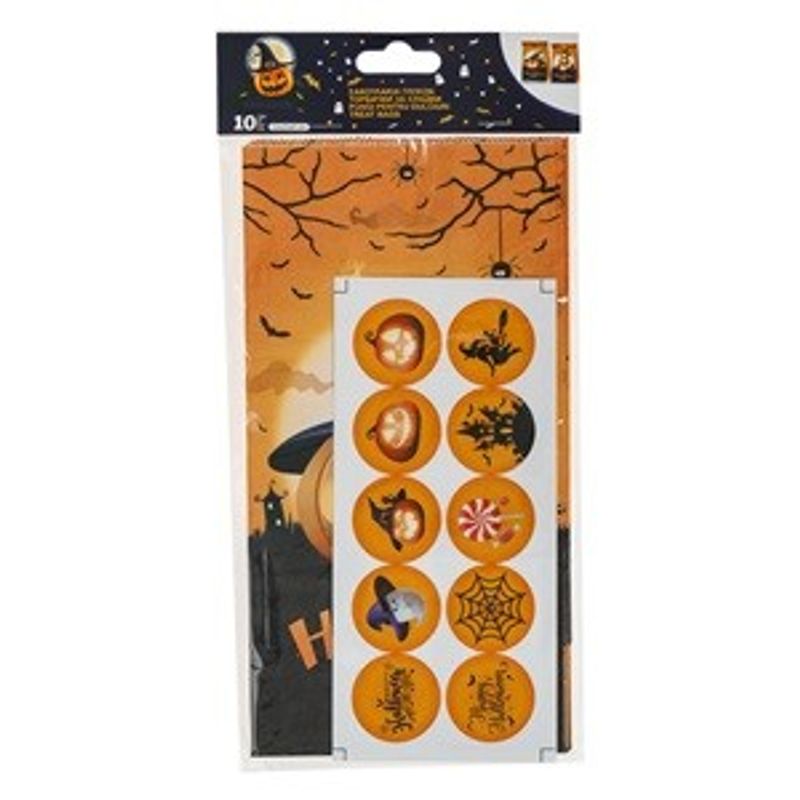 Market - Cadouri - Pungi cadou si accesorii - Pungi de Halloween pentru Dulciuri cu Autocolante, 10 buc, 12x8x23 cm, Portocaliu - Infinity.ro