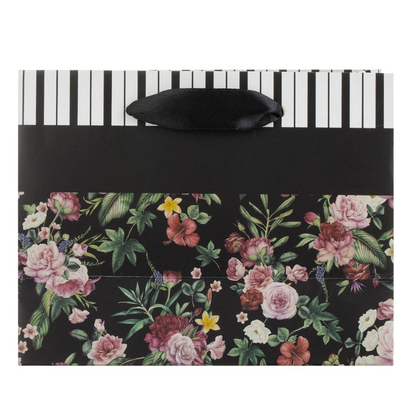 Market - Curatenie si intretinere casa - Produse bucatarie - Pungi si folii alimentare - Sacosa mini din hartie pentru cadou, model floral cu panglica satinata si funda neagra, 14x11x6cm - Infinity.ro