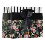 Market - Curatenie si intretinere casa - Produse bucatarie - Pungi si folii alimentare - Sacosa mini din hartie pentru cadou, model floral cu panglica satinata si funda neagra, 14x11x6cm - Infinity.ro