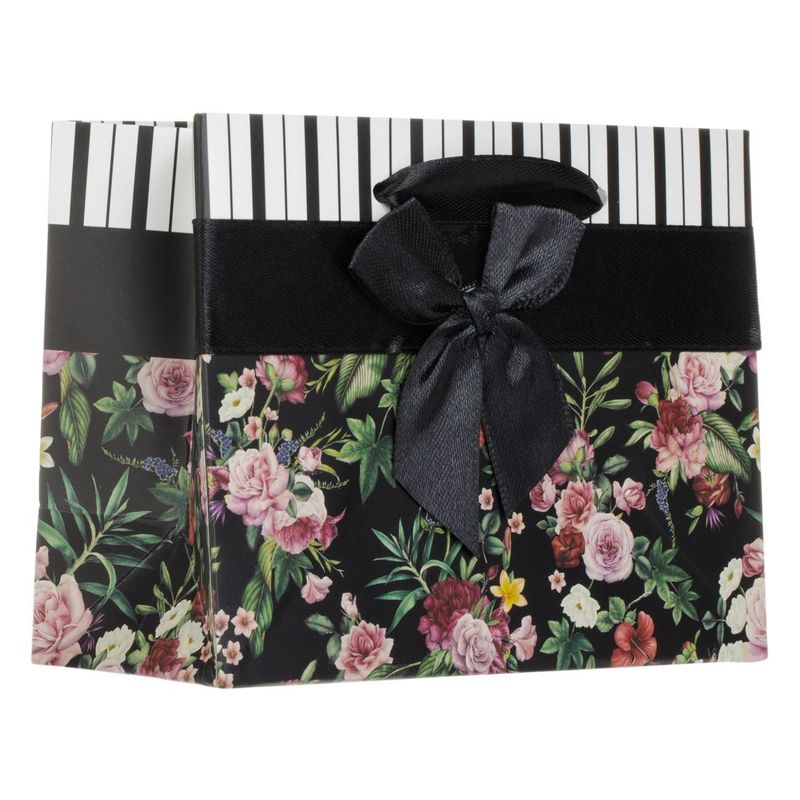 Market - Curatenie si intretinere casa - Produse bucatarie - Pungi si folii alimentare - Sacosa mini din hartie pentru cadou, model floral cu panglica satinata si funda neagra, 14x11x6cm - Infinity.ro