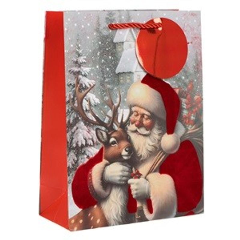 Casa si Gradina - Decoratiuni - Decoratiuni de sezon - Sacosa cadou de Craciun cu model Mos Craciun si reni, detalii rosii catifelate, 18x8x24cm - Infinity.ro