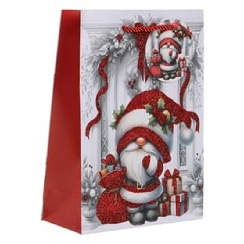 Casa si Gradina - Decoratiuni - Decoratiuni de sezon - Sacosa cadou cu model de Craciun Gnome si glitter rosu, 18x8x24cm - Infinity.ro