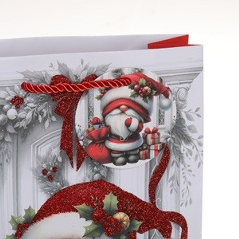 Casa si Gradina - Decoratiuni - Decoratiuni de sezon - Sacosa cadou cu model de Craciun Gnome si glitter rosu, 18x8x24cm - Infinity.ro