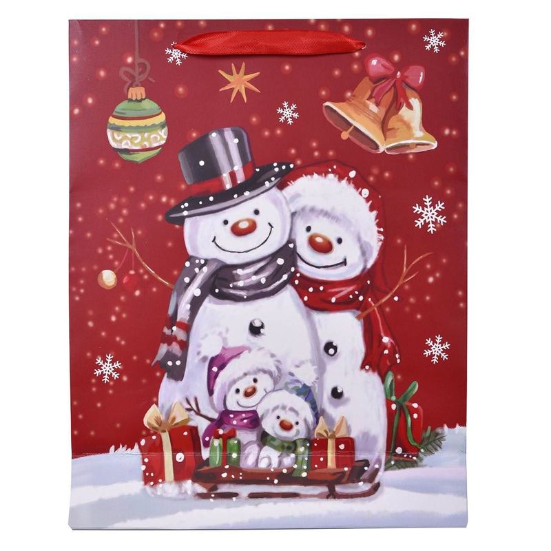Casa si Gradina - Decoratiuni - Decoratiuni de sezon - Sacosa cadou Craciun cu Om de Zapada, Glitter Holografic, 26x10x32cm, Rosie - Infinity.ro