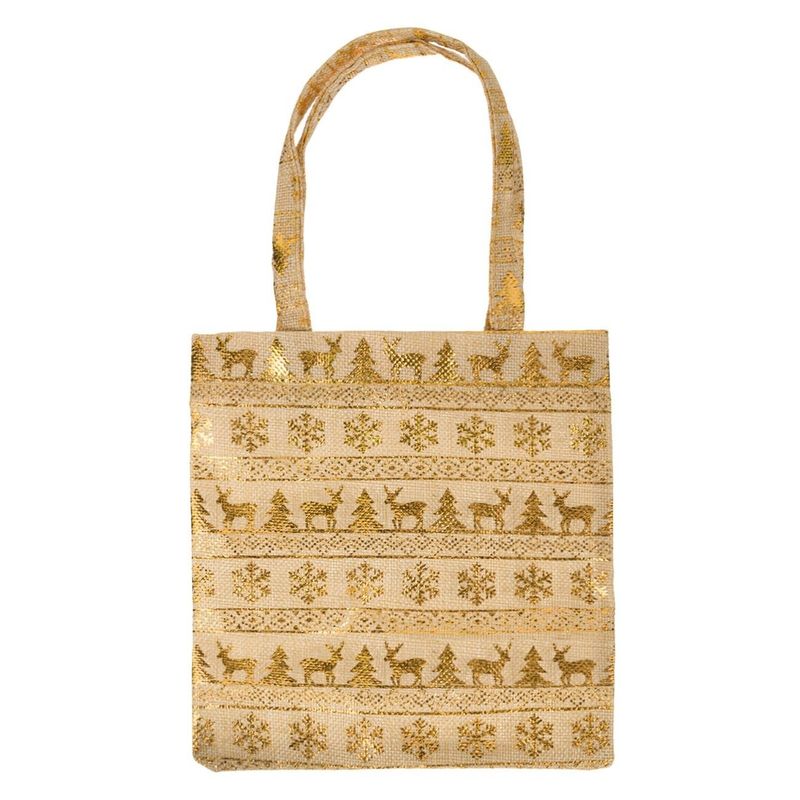 Casa si Gradina - Decoratiuni - Decoratiuni de sezon - Sacosa Cadou Craciun, Model Cerbi Fulgi si Brazi, Bej Auriu, 20x21.5 cm - Infinity.ro