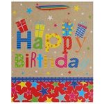 Market - Cadouri - Pungi cadou si accesorii - Sacosa cadou din hartie bej cu model stele colorate si manere in dungi, Happy Birthday, 26x12x32cm - Infinity.ro
