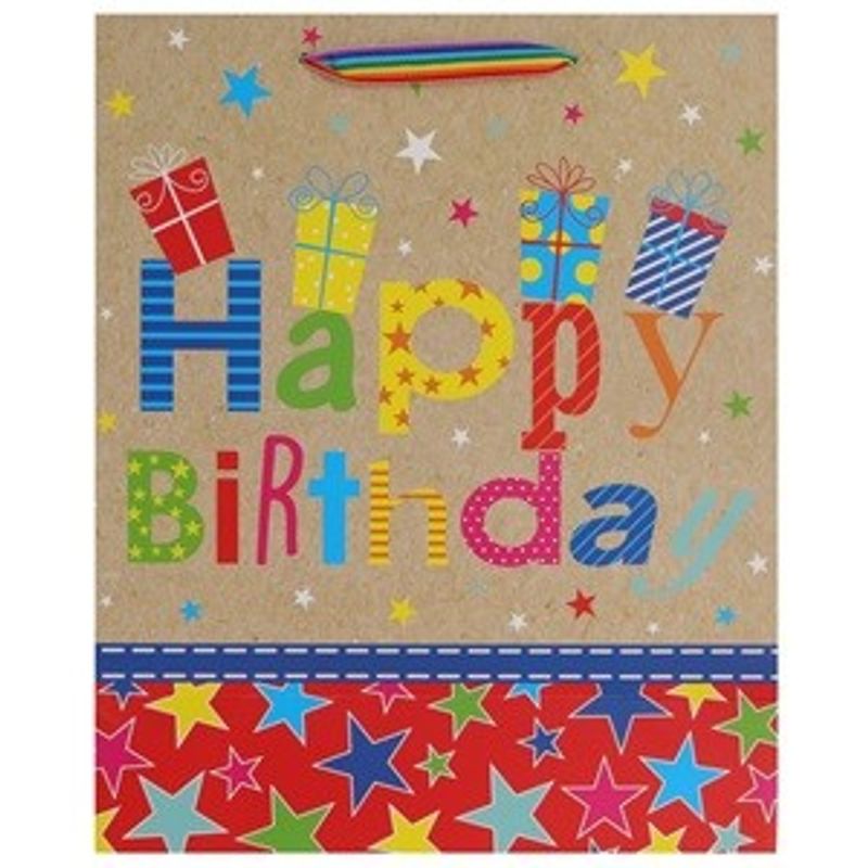 Market - Cadouri - Pungi cadou si accesorii - Sacosa cadou din hartie bej cu model stele colorate si manere in dungi, Happy Birthday, 26x12x32cm - Infinity.ro