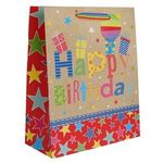 Market - Cadouri - Pungi cadou si accesorii - Sacosa cadou din hartie bej cu model stele colorate si manere in dungi, Happy Birthday, 26x12x32cm - Infinity.ro