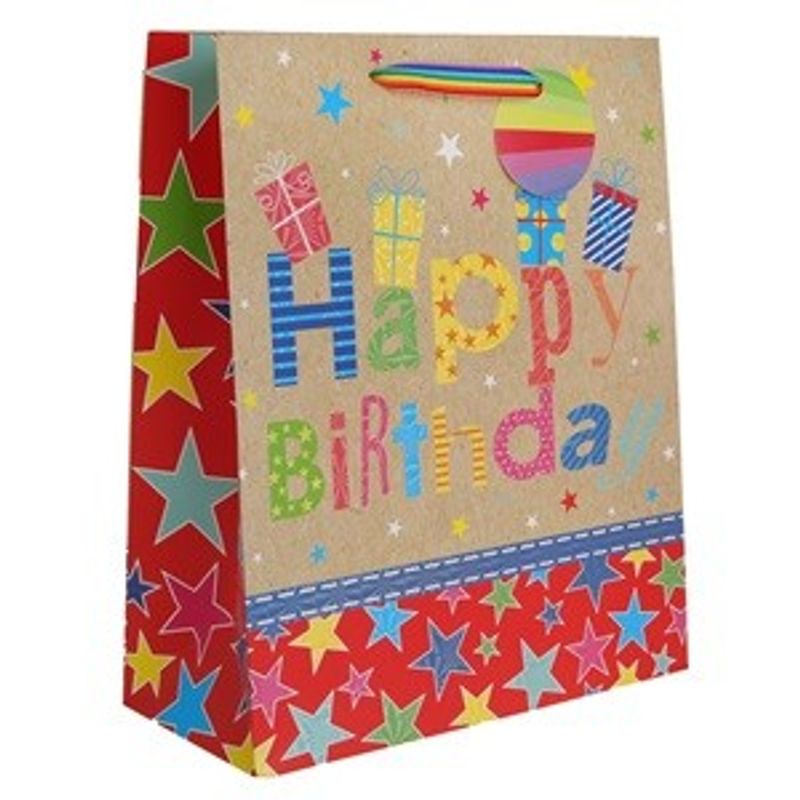 Market - Cadouri - Pungi cadou si accesorii - Sacosa cadou din hartie bej cu model stele colorate si manere in dungi, Happy Birthday, 26x12x32cm - Infinity.ro