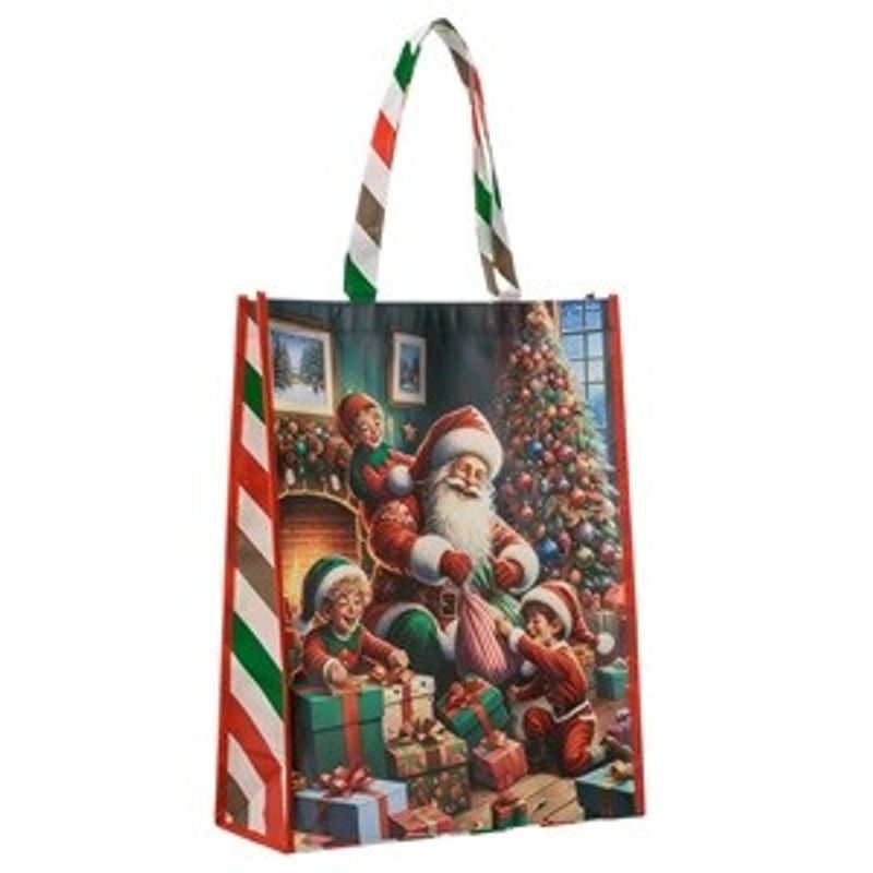 Market - Cadouri - Pungi cadou si accesorii - Sacosa reutilizabila din PP cu model Mos Craciun si spiridusi, 36x15x46cm - Infinity.ro