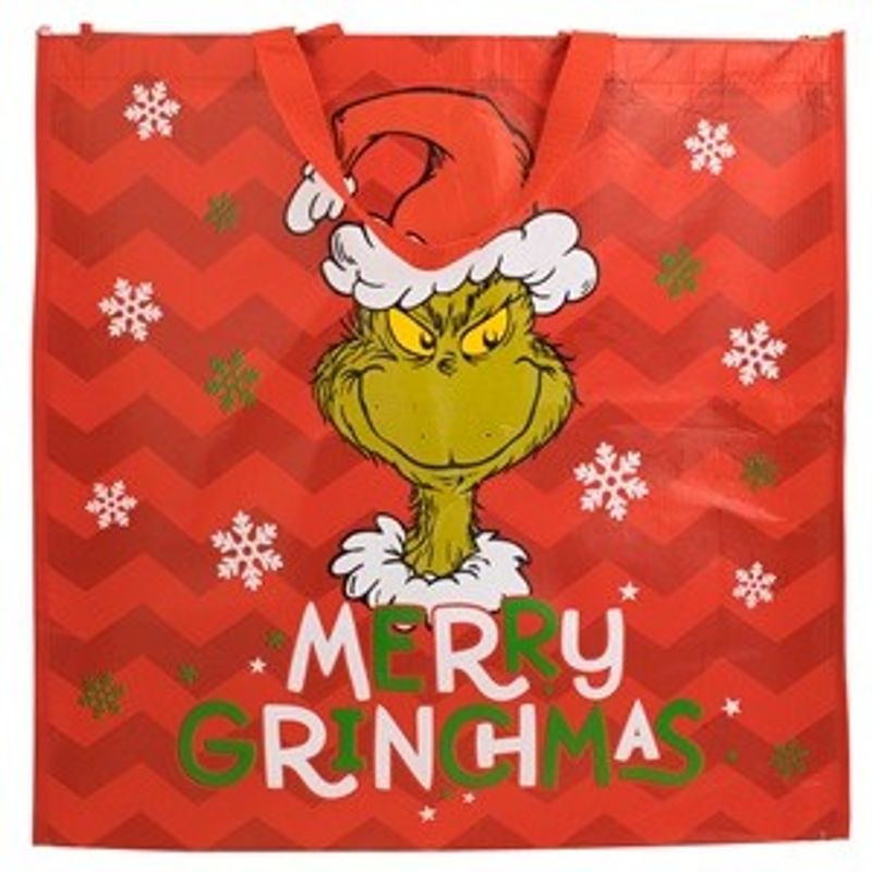 Market - Cadouri - Pungi cadou si accesorii - Sacosa reutilizabila de Craciun din PP, Rosie, cu Model Grinch, 50x20x50cm - Infinity.ro