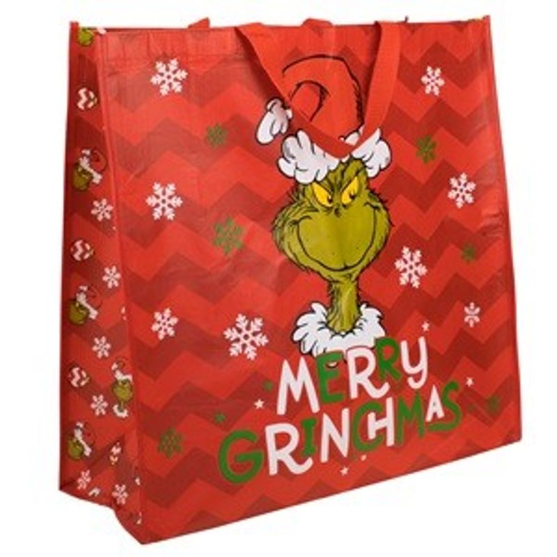 Market - Cadouri - Pungi cadou si accesorii - Sacosa reutilizabila de Craciun din PP, Rosie, cu Model Grinch, 50x20x50cm - Infinity.ro