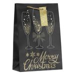 Carti si Birotica - Carti - Carti pentru copii - Activitati extracurriculare - Sacosa Cadou Pahare Sampanie Imprimare Glitter, "Merry Christmas", Manere Impletite, Felicitare Glitter, Negru, 24x10x34.5cm - Infinity.ro