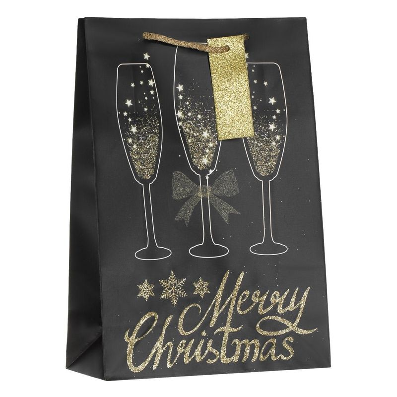 Carti si Birotica - Carti - Carti pentru copii - Activitati extracurriculare - Sacosa Cadou Pahare Sampanie Imprimare Glitter, "Merry Christmas", Manere Impletite, Felicitare Glitter, Negru, 24x10x34.5cm - Infinity.ro