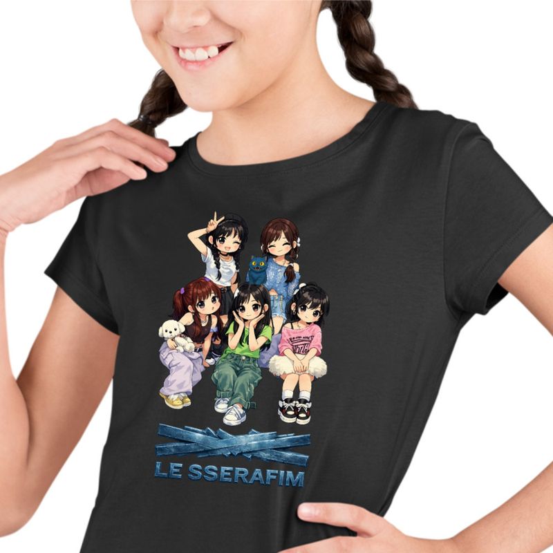 Fashion, accesorii si bijuterii - Copii - Imbracaminte copii - Tricouri copii - Tricou Copii Le Sserafim Kpop Serafim Merch fete, negru, marime XS Copii - Infinity.ro