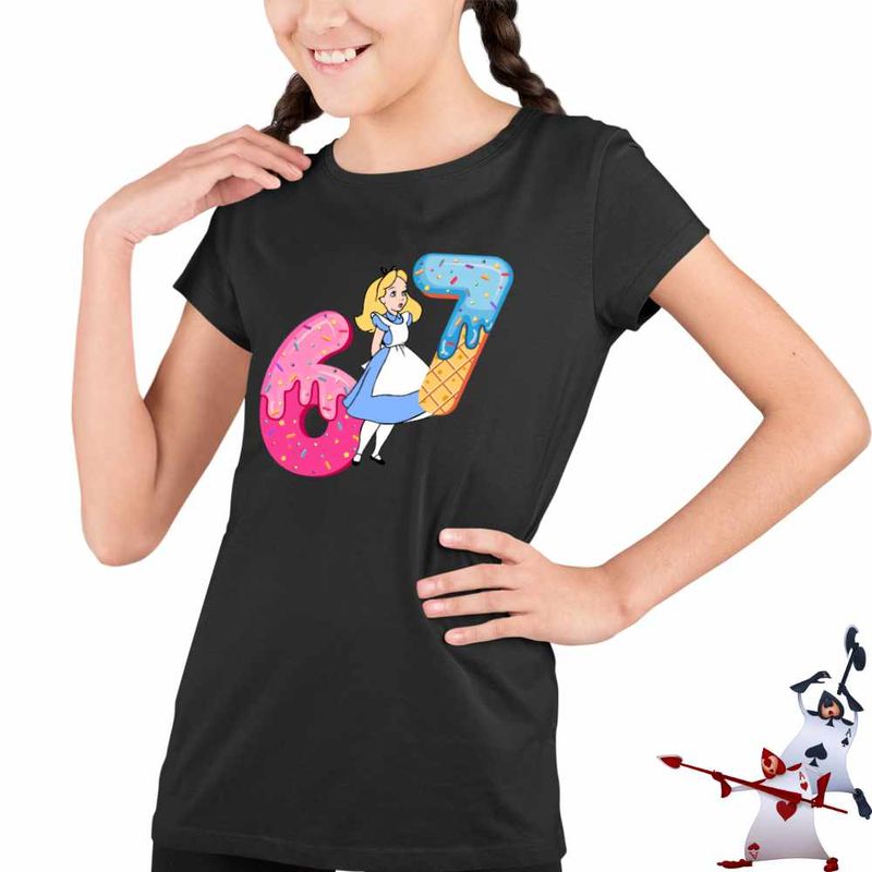 Fashion, accesorii si bijuterii - Copii - Imbracaminte copii - Tricouri copii - Tricou Copii Fete Alice Tara Minunilor Six Seven Sase Sapte 67, negru, marime M Copii - Infinity.ro